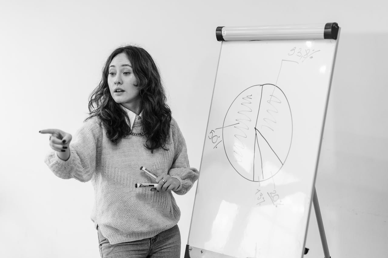 A woman in a sweater giving a presentation with a graph on a whiteboard, pointing enthusiastically.